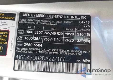 2013 Mercedes-Benz Ml 550 4Matic из США, поврежденный, VIN 4JGDA7DB2DA227186